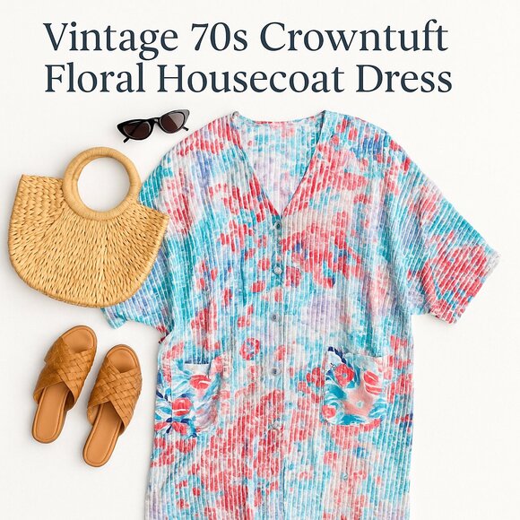 Vintage Dresses & Skirts - Vintage 1970s Floral Button-Up Housecoat Dress / Duster Robe / Caftan / Medium